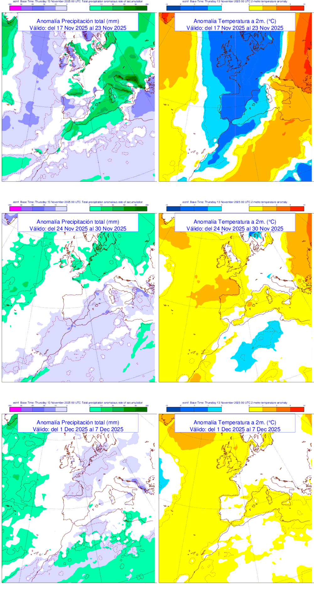 Anomala de precipitacin y temperatura entre el lunes 17 de noviembre y el domingo 7 de diciembre de 2025