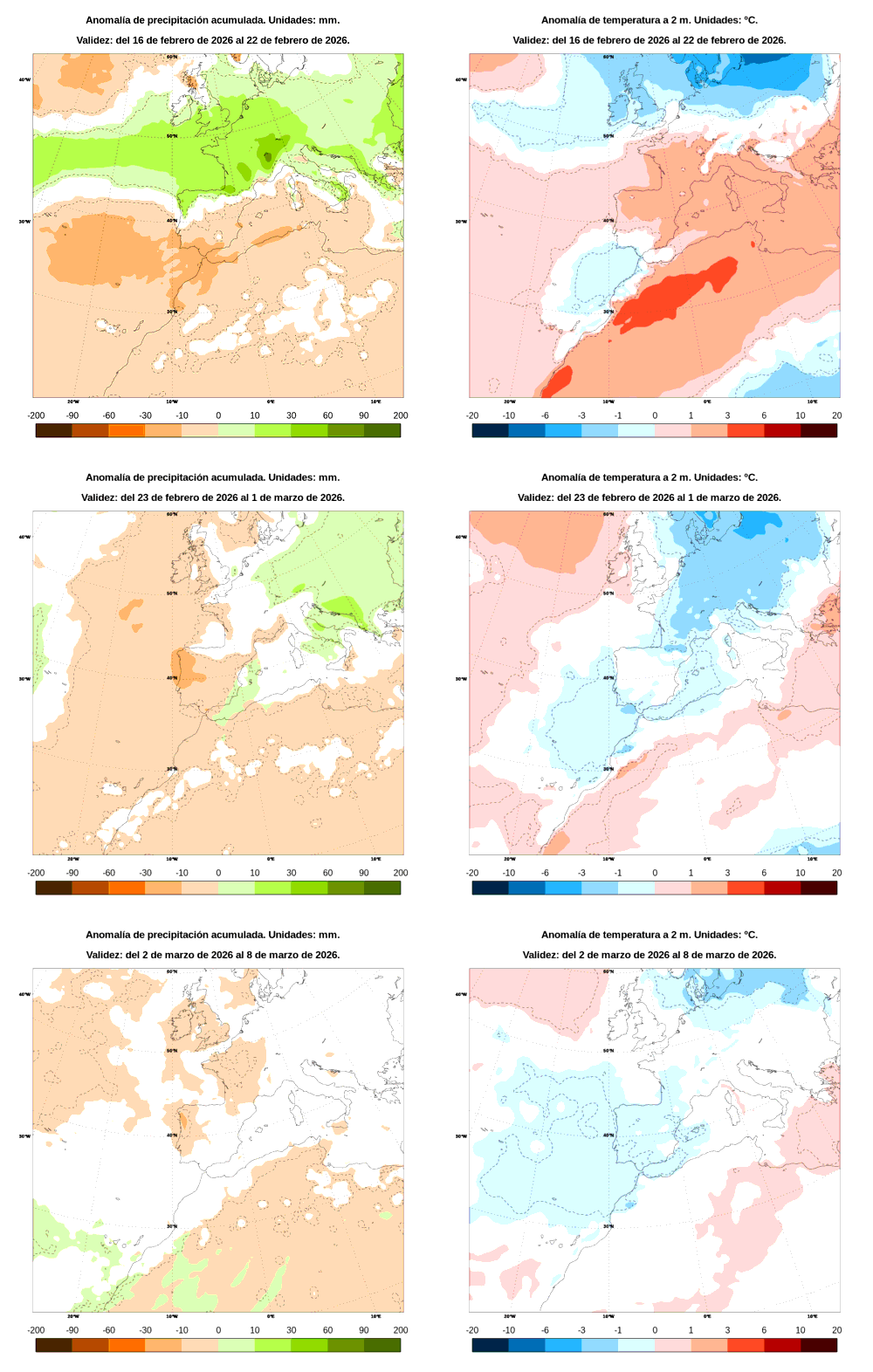 Anomal�a de precipitaci�n y temperatura entre el lunes 16 de febrero y el domingo 8 de marzo de 2026