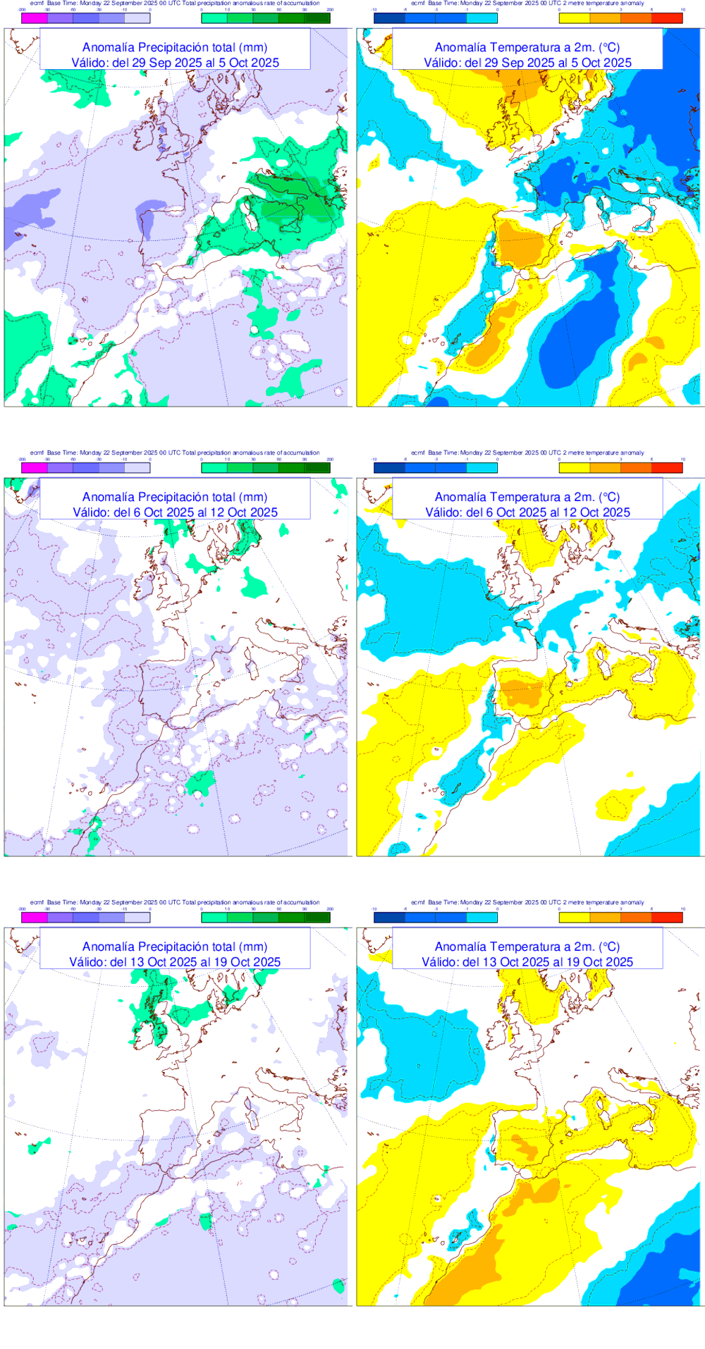 Anomala de precipitacin y temperatura entre el lunes 29 de septiembre y el domingo 19 de octubre de 2025