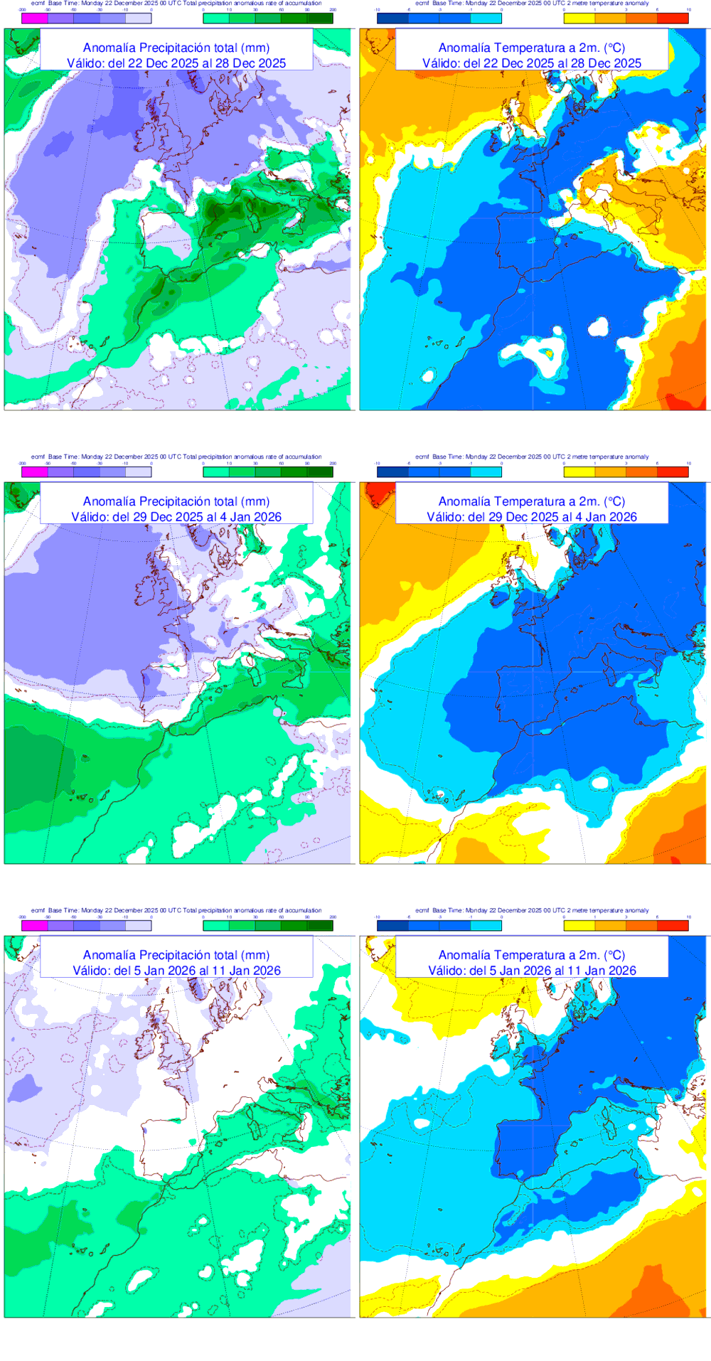 Anomal�a de precipitaci�n y temperatura entre el lunes 22 de diciembre y el domingo 11 de enero de 2026