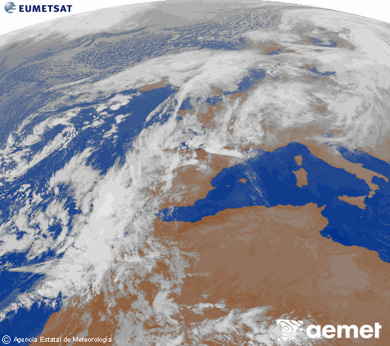Imagen de la zona de Europa y Norte de frica del canal infrarrojo del satlite Meteosat operacional en 0N 0W, procesada para darle color. jueves, 13 noviembre 2025 a las 01:00