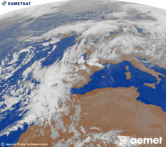 Imagen de la zona de Europa y Norte de frica del canal infrarrojo del satlite Meteosat operacional en 0N 0W, procesada para darle color. jueves, 13 noviembre 2025 a las 03:00