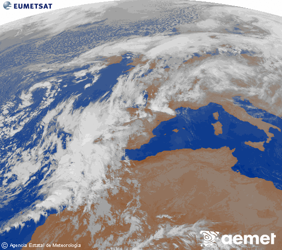 Imagen de la zona de Europa y Norte de frica del canal infrarrojo del satlite Meteosat operacional en 0N 0W, procesada para darle color. jueves, 13 noviembre 2025 a las 04:00