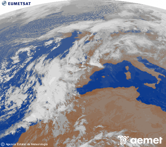 Imagen de la zona de Europa y Norte de frica del canal infrarrojo del satlite Meteosat operacional en 0N 0W, procesada para darle color. jueves, 13 noviembre 2025 a las 05:00