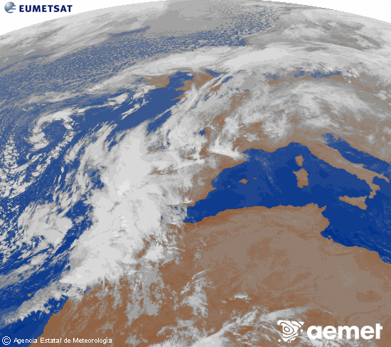 Imagen de la zona de Europa y Norte de frica del canal infrarrojo del satlite Meteosat operacional en 0N 0W, procesada para darle color. jueves, 13 noviembre 2025 a las 06:00