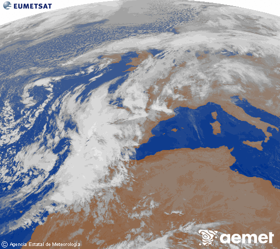 Imagen de la zona de Europa y Norte de frica del canal infrarrojo del satlite Meteosat operacional en 0N 0W, procesada para darle color. jueves, 13 noviembre 2025 a las 07:00
