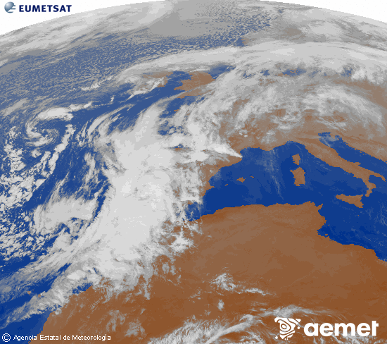 Imagen de la zona de Europa y Norte de frica del canal infrarrojo del satlite Meteosat operacional en 0N 0W, procesada para darle color. jueves, 13 noviembre 2025 a las 09:00