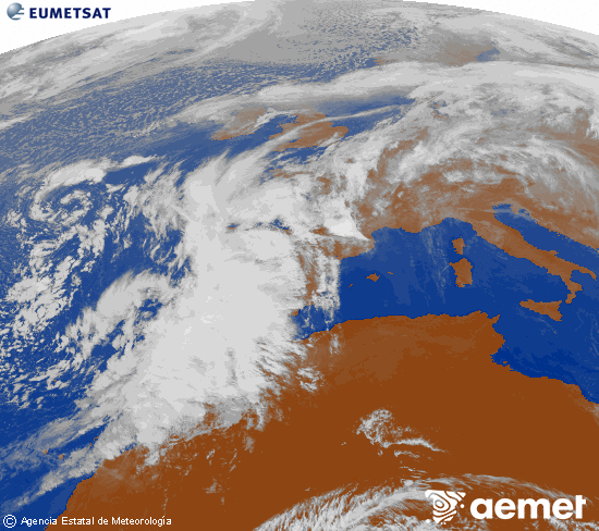 Imagen de la zona de Europa y Norte de frica del canal infrarrojo del satlite Meteosat operacional en 0N 0W, procesada para darle color. jueves, 13 noviembre 2025 a las 12:00
