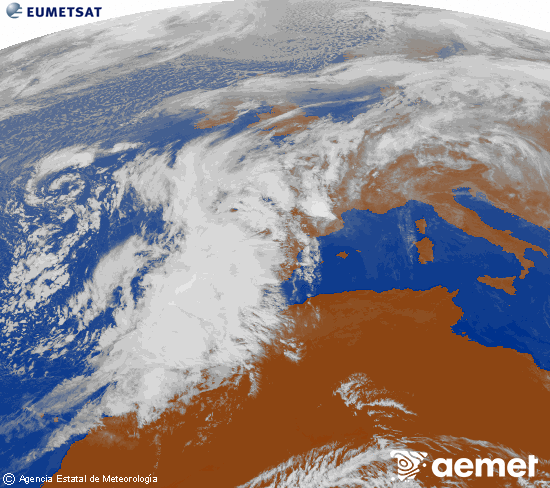 Imagen de la zona de Europa y Norte de frica del canal infrarrojo del satlite Meteosat operacional en 0N 0W, procesada para darle color. jueves, 13 noviembre 2025 a las 13:00