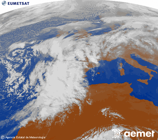 Imagen de la zona de Europa y Norte de frica del canal infrarrojo del satlite Meteosat operacional en 0N 0W, procesada para darle color. jueves, 13 noviembre 2025 a las 15:00