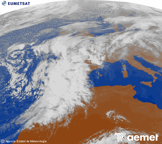Imagen de la zona de Europa y Norte de frica del canal infrarrojo del satlite Meteosat operacional en 0N 0W, procesada para darle color. jueves, 13 noviembre 2025 a las 16:00