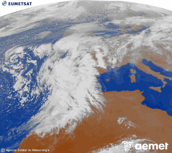 Imagen de la zona de Europa y Norte de frica del canal infrarrojo del satlite Meteosat operacional en 0N 0W, procesada para darle color. jueves, 13 noviembre 2025 a las 18:00