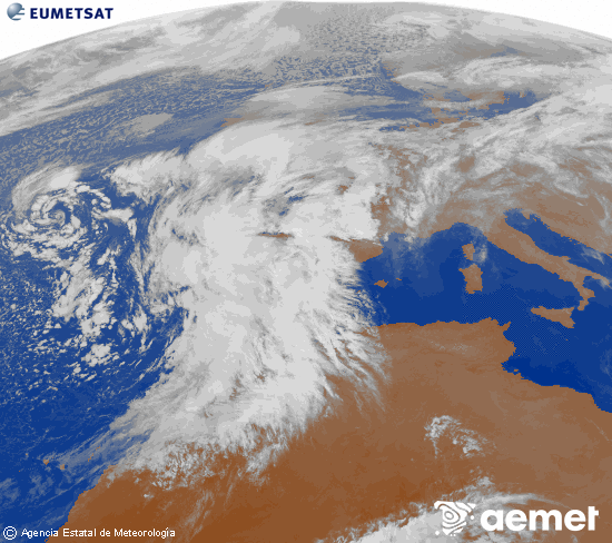 Imagen de la zona de Europa y Norte de frica del canal infrarrojo del satlite Meteosat operacional en 0N 0W, procesada para darle color. jueves, 13 noviembre 2025 a las 19:00