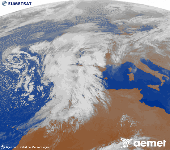 Imagen de la zona de Europa y Norte de frica del canal infrarrojo del satlite Meteosat operacional en 0N 0W, procesada para darle color. jueves, 13 noviembre 2025 a las 20:00