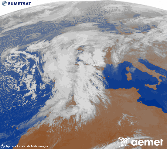 Imagen de la zona de Europa y Norte de frica del canal infrarrojo del satlite Meteosat operacional en 0N 0W, procesada para darle color. jueves, 13 noviembre 2025 a las 21:00