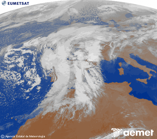 Imagen de la zona de Europa y Norte de frica del canal infrarrojo del satlite Meteosat operacional en 0N 0W, procesada para darle color. jueves, 13 noviembre 2025 a las 23:00
