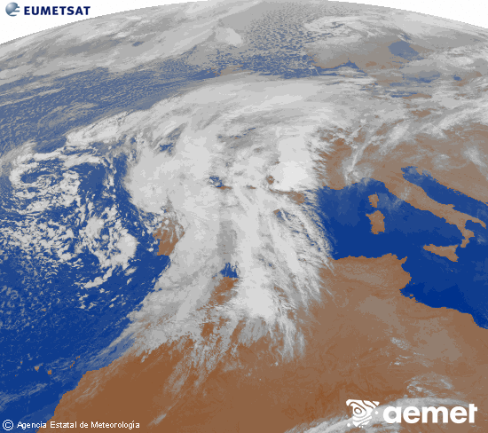 Imagen de la zona de Europa y Norte de frica del canal infrarrojo del satlite Meteosat operacional en 0N 0W, procesada para darle color. viernes, 14 noviembre 2025 a las 00:00
