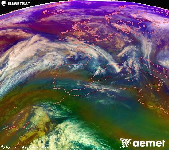 Composicin RGB en la que se mezclan varios canales del satlite Meteosat operacional en 0N 0W, que nos da una idea de las caractersticas de las masas de aire y de la nubosidad. sbado, 06 diciembre 2025 a las 16:00