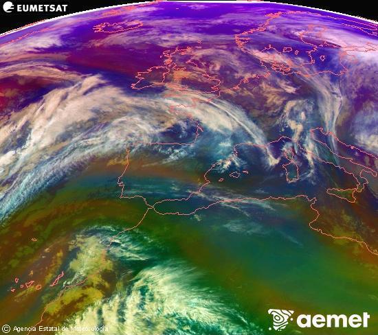 Composicin RGB en la que se mezclan varios canales del satlite Meteosat operacional en 0N 0W, que nos da una idea de las caractersticas de las masas de aire y de la nubosidad. sbado, 06 diciembre 2025 a las 17:00
