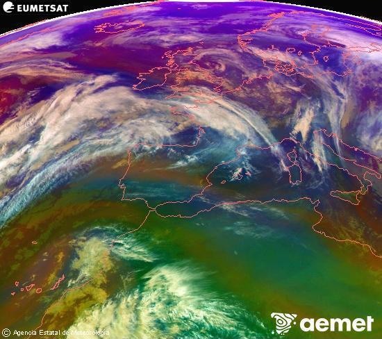 Composicin RGB en la que se mezclan varios canales del satlite Meteosat operacional en 0N 0W, que nos da una idea de las caractersticas de las masas de aire y de la nubosidad. sbado, 06 diciembre 2025 a las 18:00