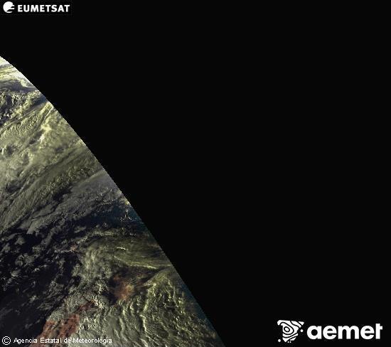 Esta imagen se genera utilizando informacin de los canales visibles del satlite METEOSAT perteneciente a la segunda generacin de satlites Meteosat (MSG). Por ese motivo, slo hay informacin en la zona iluminada por el sol. Adems, los canales han sido normalizados para que el brillo no dependa de la posicin del sol. sbado, 06 diciembre 2025 a las 18:00
