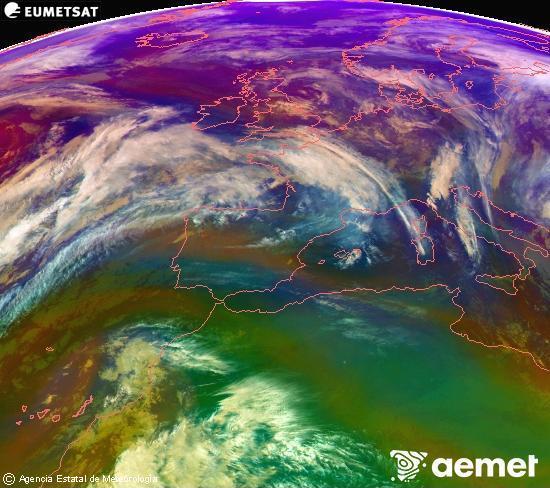 Composicin RGB en la que se mezclan varios canales del satlite Meteosat operacional en 0N 0W, que nos da una idea de las caractersticas de las masas de aire y de la nubosidad. sbado, 06 diciembre 2025 a las 19:00