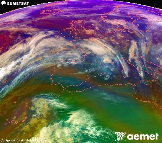 Composicin RGB en la que se mezclan varios canales del satlite Meteosat operacional en 0N 0W, que nos da una idea de las caractersticas de las masas de aire y de la nubosidad. sbado, 06 diciembre 2025 a las 20:00
