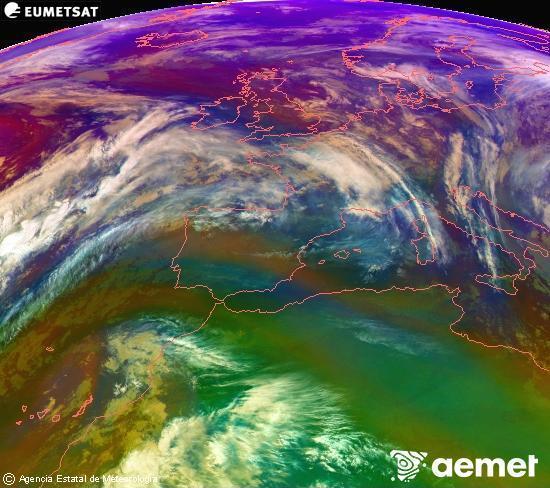 Composicin RGB en la que se mezclan varios canales del satlite Meteosat operacional en 0N 0W, que nos da una idea de las caractersticas de las masas de aire y de la nubosidad. sbado, 06 diciembre 2025 a las 21:00