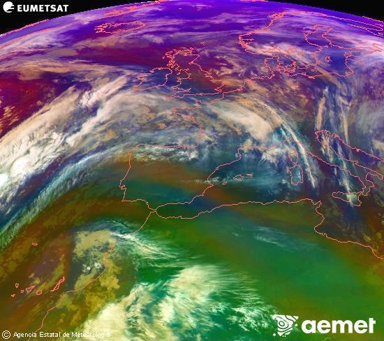 Composicin RGB en la que se mezclan varios canales del satlite Meteosat operacional en 0N 0W, que nos da una idea de las caractersticas de las masas de aire y de la nubosidad. sbado, 06 diciembre 2025 a las 22:00