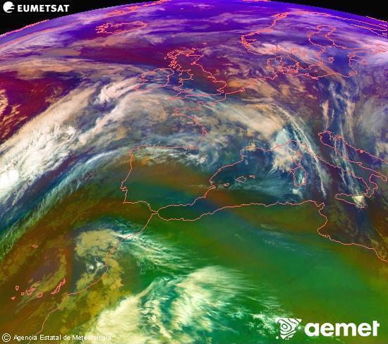 Composicin RGB en la que se mezclan varios canales del satlite Meteosat operacional en 0N 0W, que nos da una idea de las caractersticas de las masas de aire y de la nubosidad. sbado, 06 diciembre 2025 a las 23:00