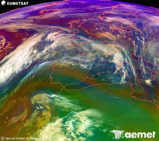 Composicin RGB en la que se mezclan varios canales del satlite Meteosat operacional en 0N 0W, que nos da una idea de las caractersticas de las masas de aire y de la nubosidad. domingo, 07 diciembre 2025 a las 00:00