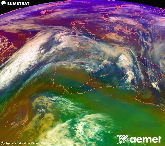 Composicin RGB en la que se mezclan varios canales del satlite Meteosat operacional en 0N 0W, que nos da una idea de las caractersticas de las masas de aire y de la nubosidad. domingo, 07 diciembre 2025 a las 01:00