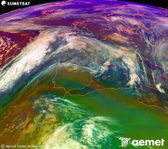 Composicin RGB en la que se mezclan varios canales del satlite Meteosat operacional en 0N 0W, que nos da una idea de las caractersticas de las masas de aire y de la nubosidad. domingo, 07 diciembre 2025 a las 02:00