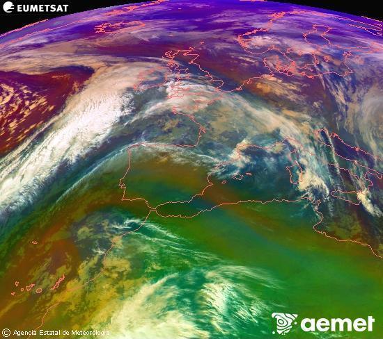 Composicin RGB en la que se mezclan varios canales del satlite Meteosat operacional en 0N 0W, que nos da una idea de las caractersticas de las masas de aire y de la nubosidad. domingo, 07 diciembre 2025 a las 03:00