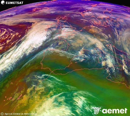 Composicin RGB en la que se mezclan varios canales del satlite Meteosat operacional en 0N 0W, que nos da una idea de las caractersticas de las masas de aire y de la nubosidad. domingo, 07 diciembre 2025 a las 04:00