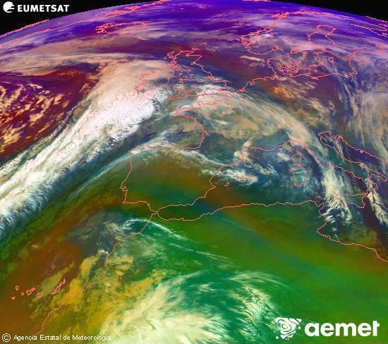 Composicin RGB en la que se mezclan varios canales del satlite Meteosat operacional en 0N 0W, que nos da una idea de las caractersticas de las masas de aire y de la nubosidad. domingo, 07 diciembre 2025 a las 05:00
