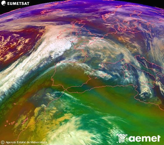 Composicin RGB en la que se mezclan varios canales del satlite Meteosat operacional en 0N 0W, que nos da una idea de las caractersticas de las masas de aire y de la nubosidad. domingo, 07 diciembre 2025 a las 06:00