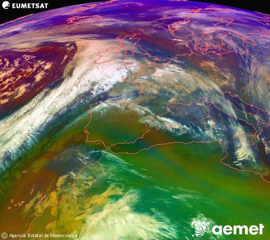 Composicin RGB en la que se mezclan varios canales del satlite Meteosat operacional en 0N 0W, que nos da una idea de las caractersticas de las masas de aire y de la nubosidad. domingo, 07 diciembre 2025 a las 07:00