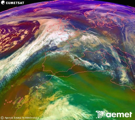 Composicin RGB en la que se mezclan varios canales del satlite Meteosat operacional en 0N 0W, que nos da una idea de las caractersticas de las masas de aire y de la nubosidad. domingo, 07 diciembre 2025 a las 08:00