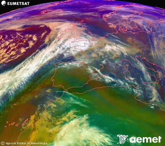 Composicin RGB en la que se mezclan varios canales del satlite Meteosat operacional en 0N 0W, que nos da una idea de las caractersticas de las masas de aire y de la nubosidad. domingo, 07 diciembre 2025 a las 09:00