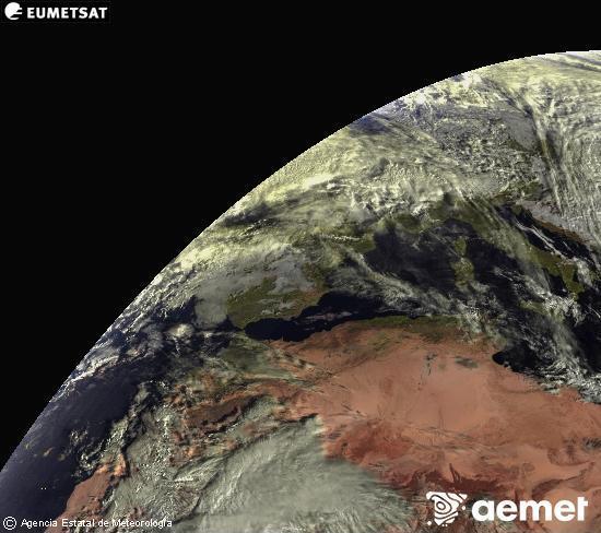 Esta imagen se genera utilizando informacin de los canales visibles del satlite METEOSAT perteneciente a la segunda generacin de satlites Meteosat (MSG). Por ese motivo, slo hay informacin en la zona iluminada por el sol. Adems, los canales han sido normalizados para que el brillo no dependa de la posicin del sol. domingo, 07 diciembre 2025 a las 09:00