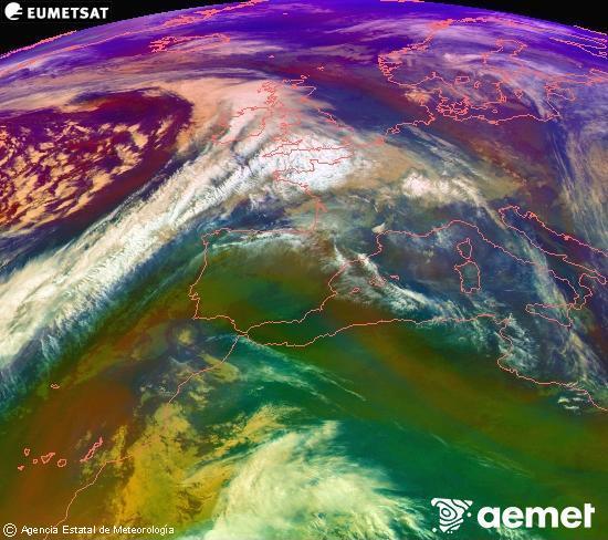 Composicin RGB en la que se mezclan varios canales del satlite Meteosat operacional en 0N 0W, que nos da una idea de las caractersticas de las masas de aire y de la nubosidad. domingo, 07 diciembre 2025 a las 10:00