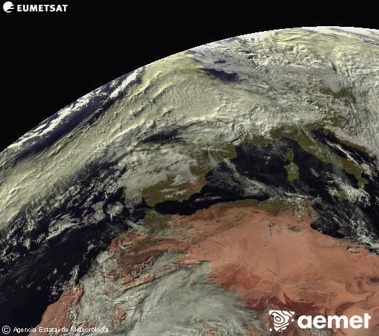 Esta imagen se genera utilizando informacin de los canales visibles del satlite METEOSAT perteneciente a la segunda generacin de satlites Meteosat (MSG). Por ese motivo, slo hay informacin en la zona iluminada por el sol. Adems, los canales han sido normalizados para que el brillo no dependa de la posicin del sol. domingo, 07 diciembre 2025 a las 10:00