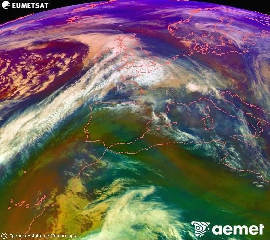 Composicin RGB en la que se mezclan varios canales del satlite Meteosat operacional en 0N 0W, que nos da una idea de las caractersticas de las masas de aire y de la nubosidad. domingo, 07 diciembre 2025 a las 11:00