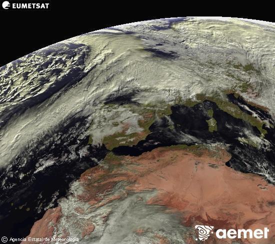 Esta imagen se genera utilizando informacin de los canales visibles del satlite METEOSAT perteneciente a la segunda generacin de satlites Meteosat (MSG). Por ese motivo, slo hay informacin en la zona iluminada por el sol. Adems, los canales han sido normalizados para que el brillo no dependa de la posicin del sol. domingo, 07 diciembre 2025 a las 11:00