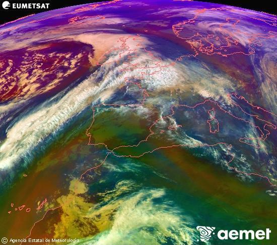 Composicin RGB en la que se mezclan varios canales del satlite Meteosat operacional en 0N 0W, que nos da una idea de las caractersticas de las masas de aire y de la nubosidad. domingo, 07 diciembre 2025 a las 12:00
