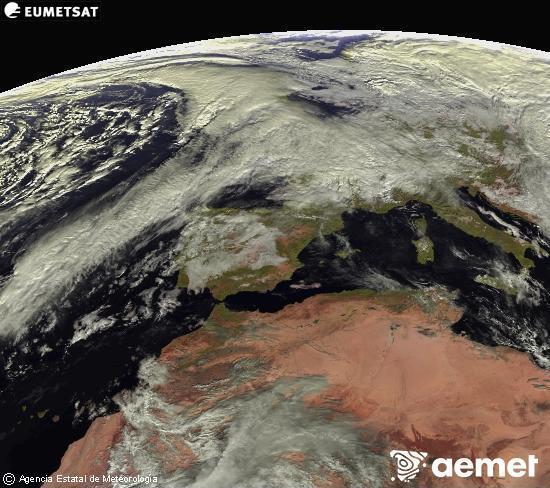 Esta imagen se genera utilizando informacin de los canales visibles del satlite METEOSAT perteneciente a la segunda generacin de satlites Meteosat (MSG). Por ese motivo, slo hay informacin en la zona iluminada por el sol. Adems, los canales han sido normalizados para que el brillo no dependa de la posicin del sol. domingo, 07 diciembre 2025 a las 12:00