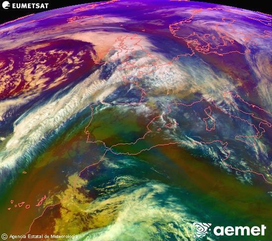 Composicin RGB en la que se mezclan varios canales del satlite Meteosat operacional en 0N 0W, que nos da una idea de las caractersticas de las masas de aire y de la nubosidad. domingo, 07 diciembre 2025 a las 13:00