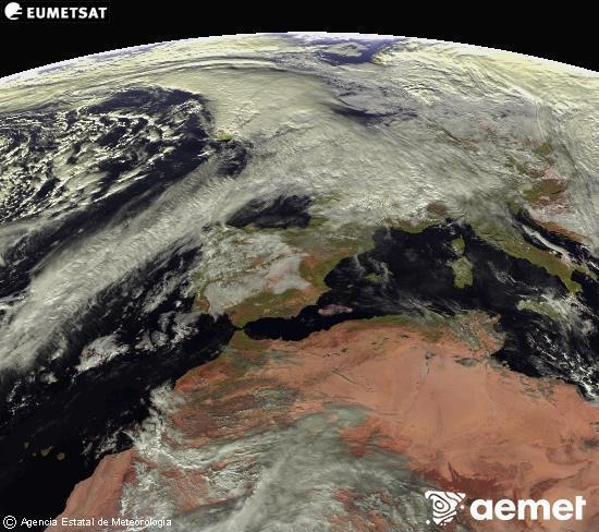 Esta imagen se genera utilizando informacin de los canales visibles del satlite METEOSAT perteneciente a la segunda generacin de satlites Meteosat (MSG). Por ese motivo, slo hay informacin en la zona iluminada por el sol. Adems, los canales han sido normalizados para que el brillo no dependa de la posicin del sol. domingo, 07 diciembre 2025 a las 13:00