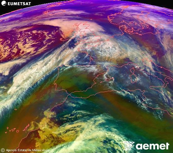 Composicin RGB en la que se mezclan varios canales del satlite Meteosat operacional en 0N 0W, que nos da una idea de las caractersticas de las masas de aire y de la nubosidad. domingo, 07 diciembre 2025 a las 14:00